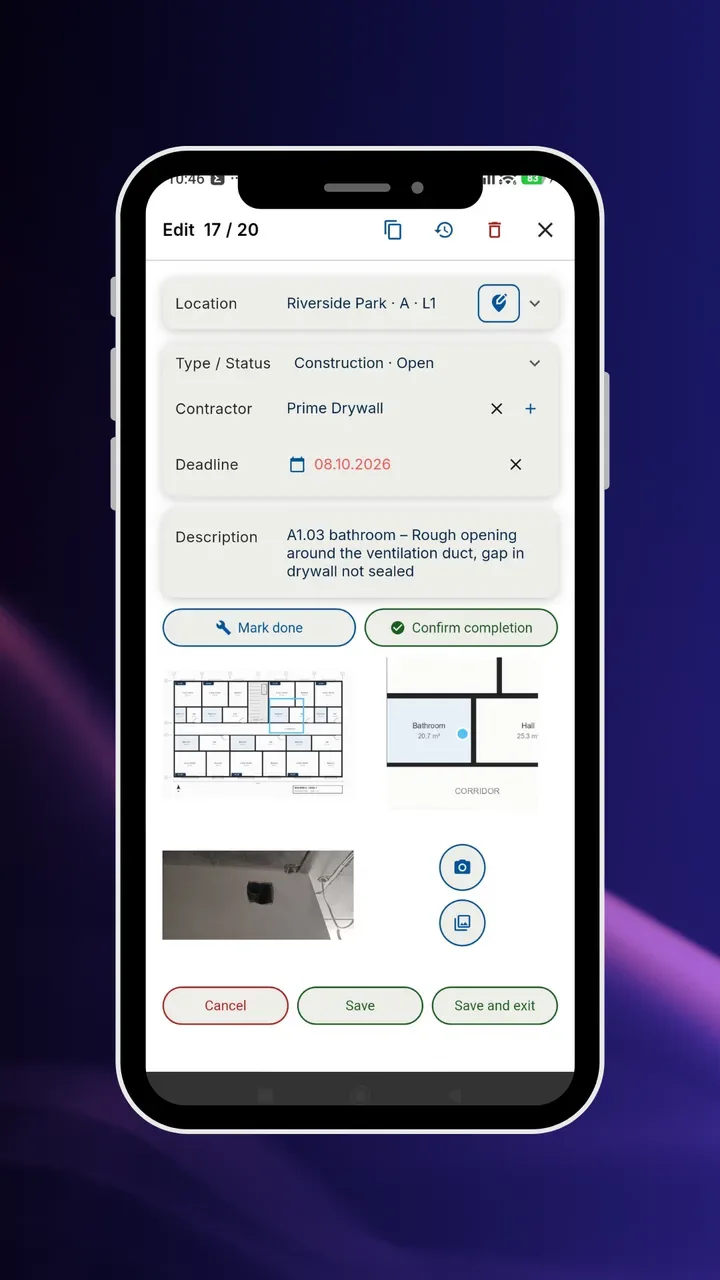 Defect details on the plan: status, warranty type, contractor, photo, and Completed and Verify buttons