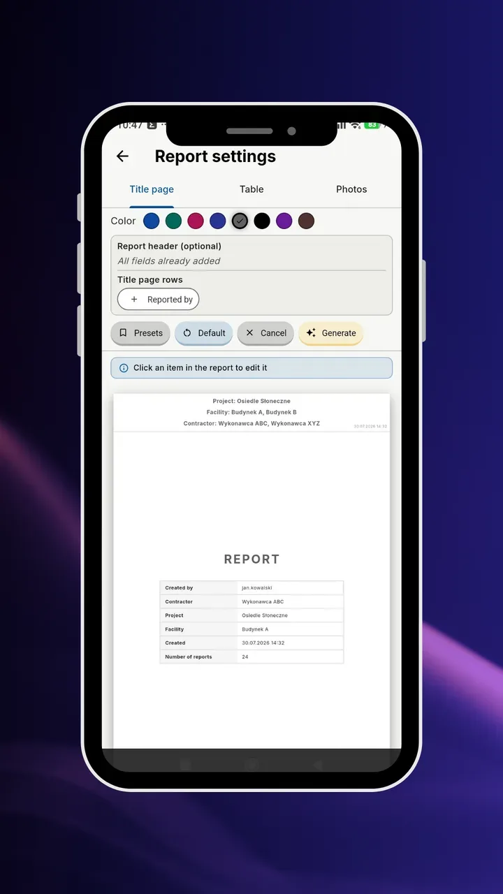 PDF report settings with defect list: colors, header, title page rows, and live preview