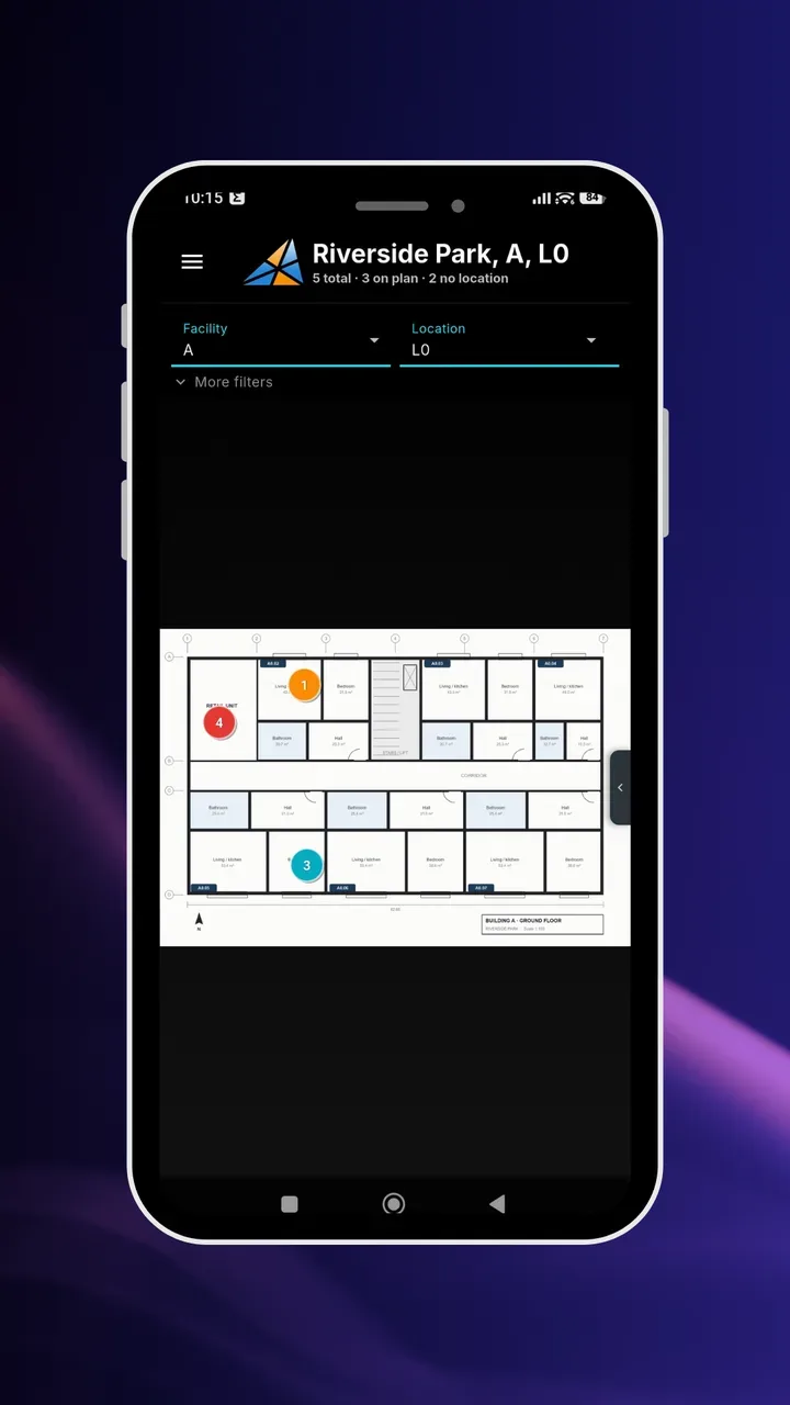 Defect list on a floor plan in FixControl app: numbered, colored pins in specific units