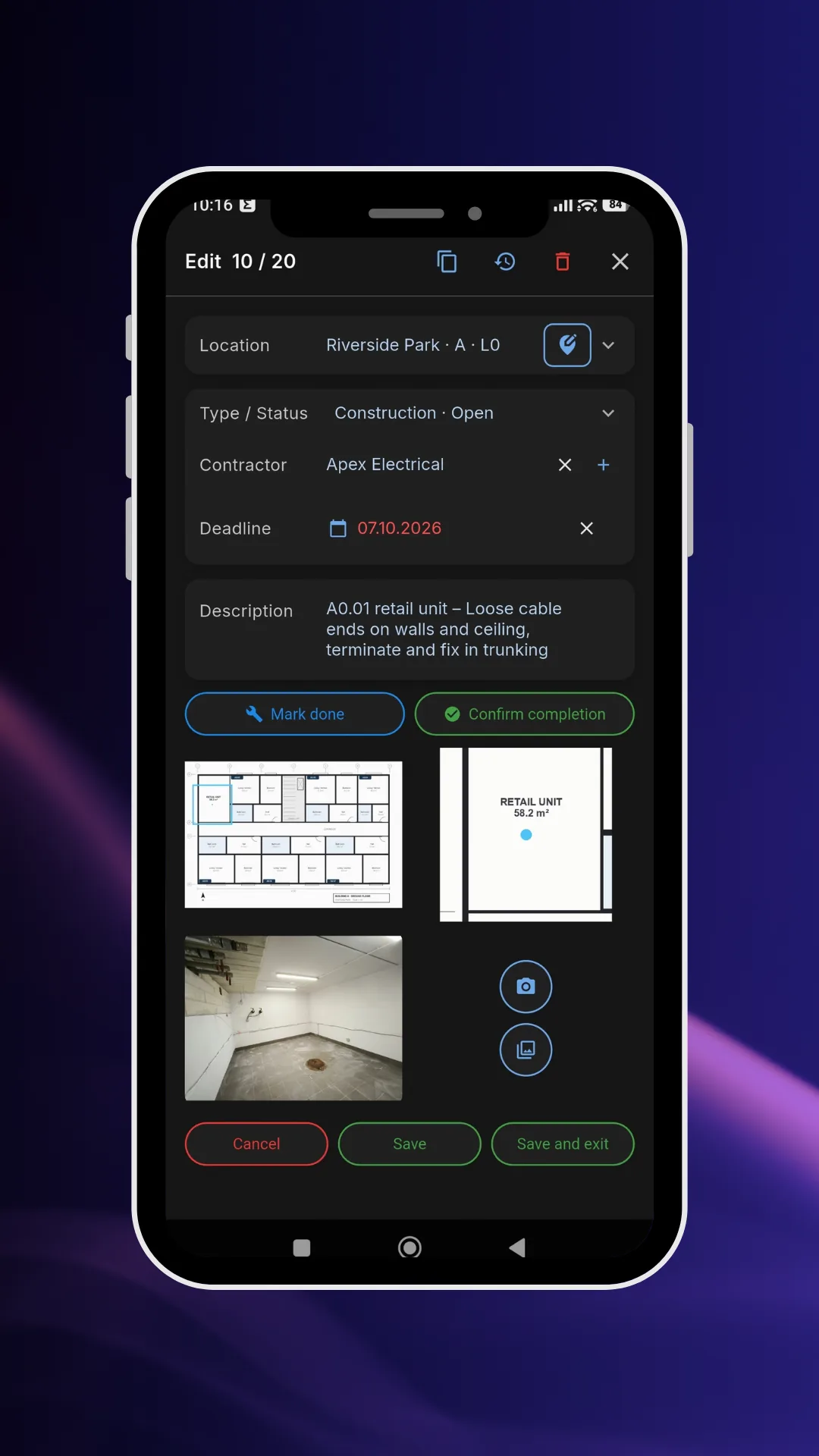Punch list item form: defect description, type, status, contractor and construction site photo in one place