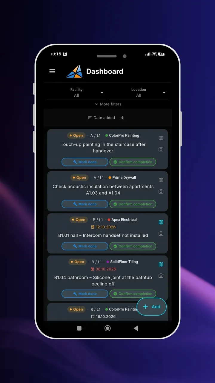 Shared defect list from two buildings in the mobile app with filters by property and location, contractors, and deadlines