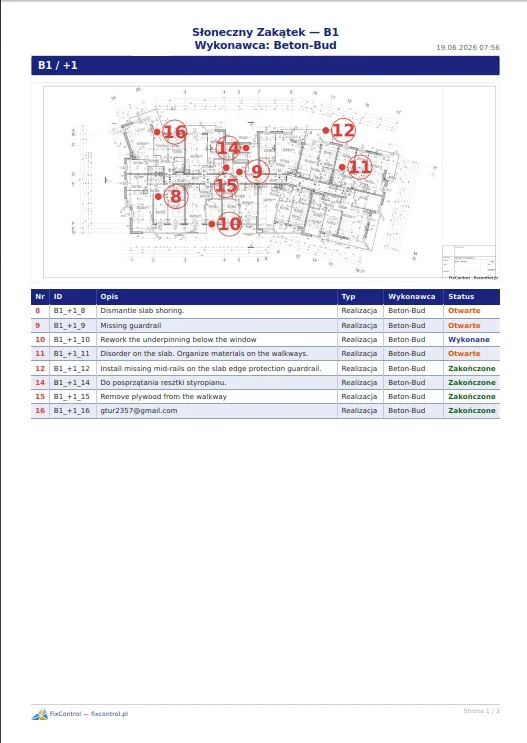 PDF report with punch list for contractor: plan with numbered defects and item table with statuses