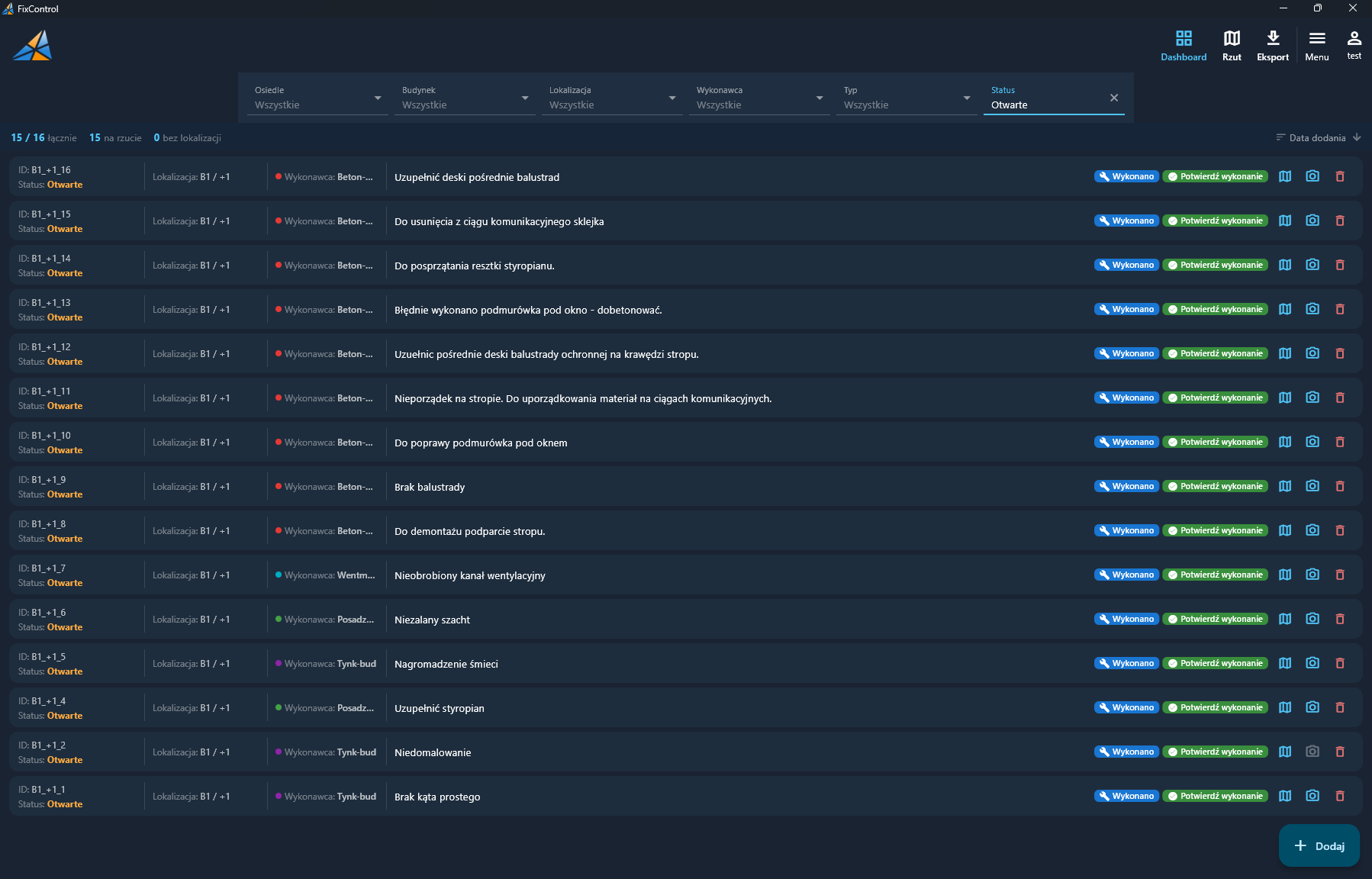 Defects list view (dashboard)
