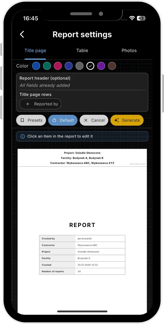 PDF report settings in the mobile app